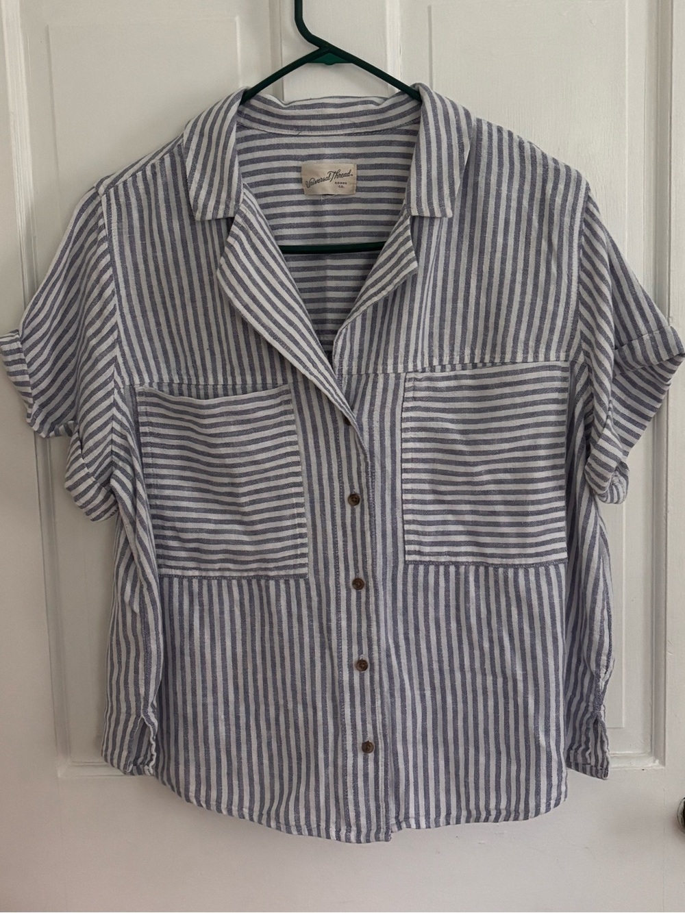 Universal Thread Blue White Stripe Linen Blend Button Front Camp Shirt XL
